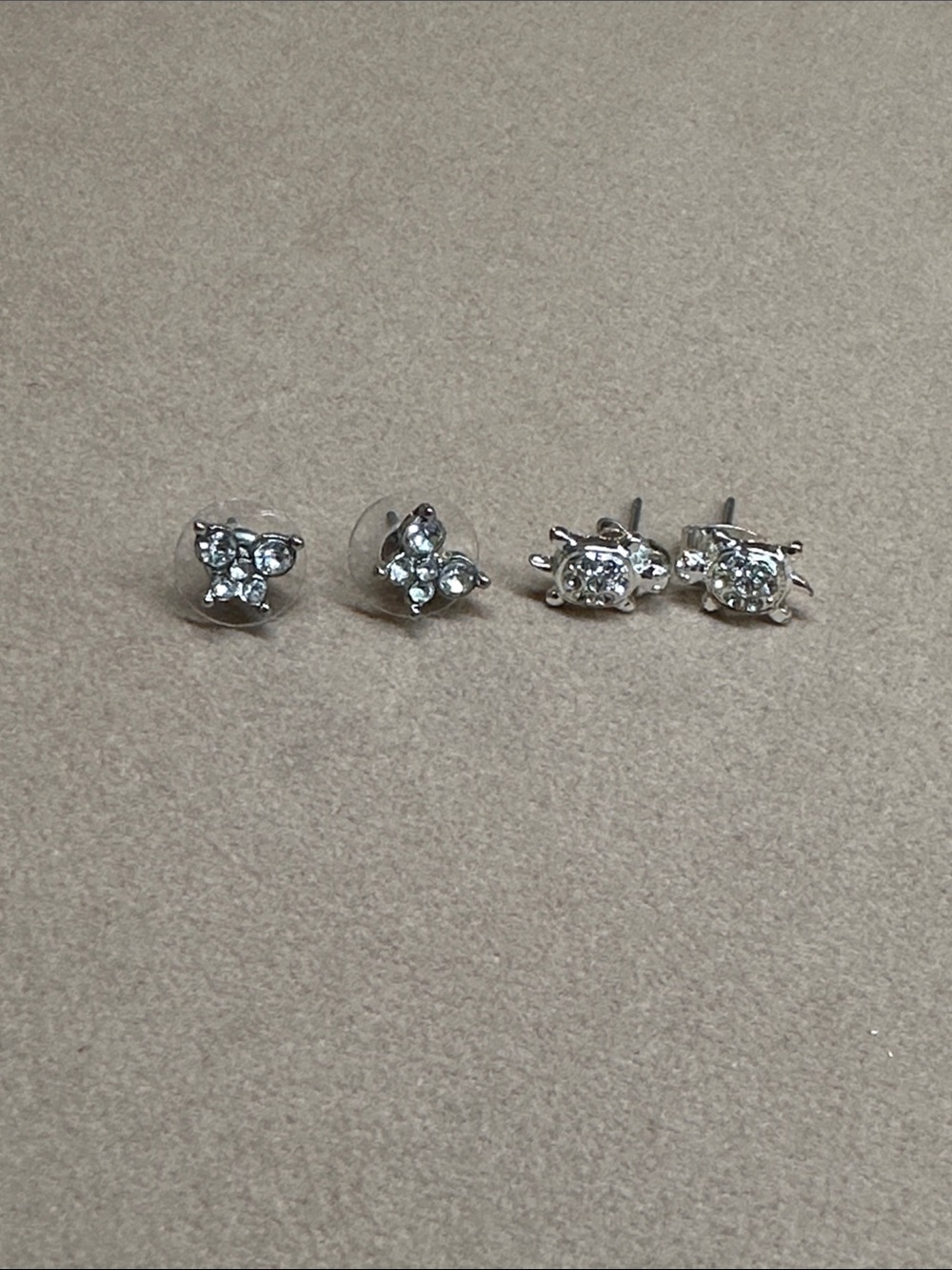 Sparkly Turtle & Butterfly Stud Earrings - Silver & Crystal tone